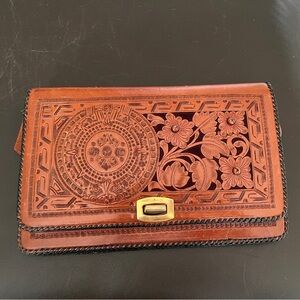 Vintage Handcrafted Tooled Leather Purse Clutch 50s/60s Floral